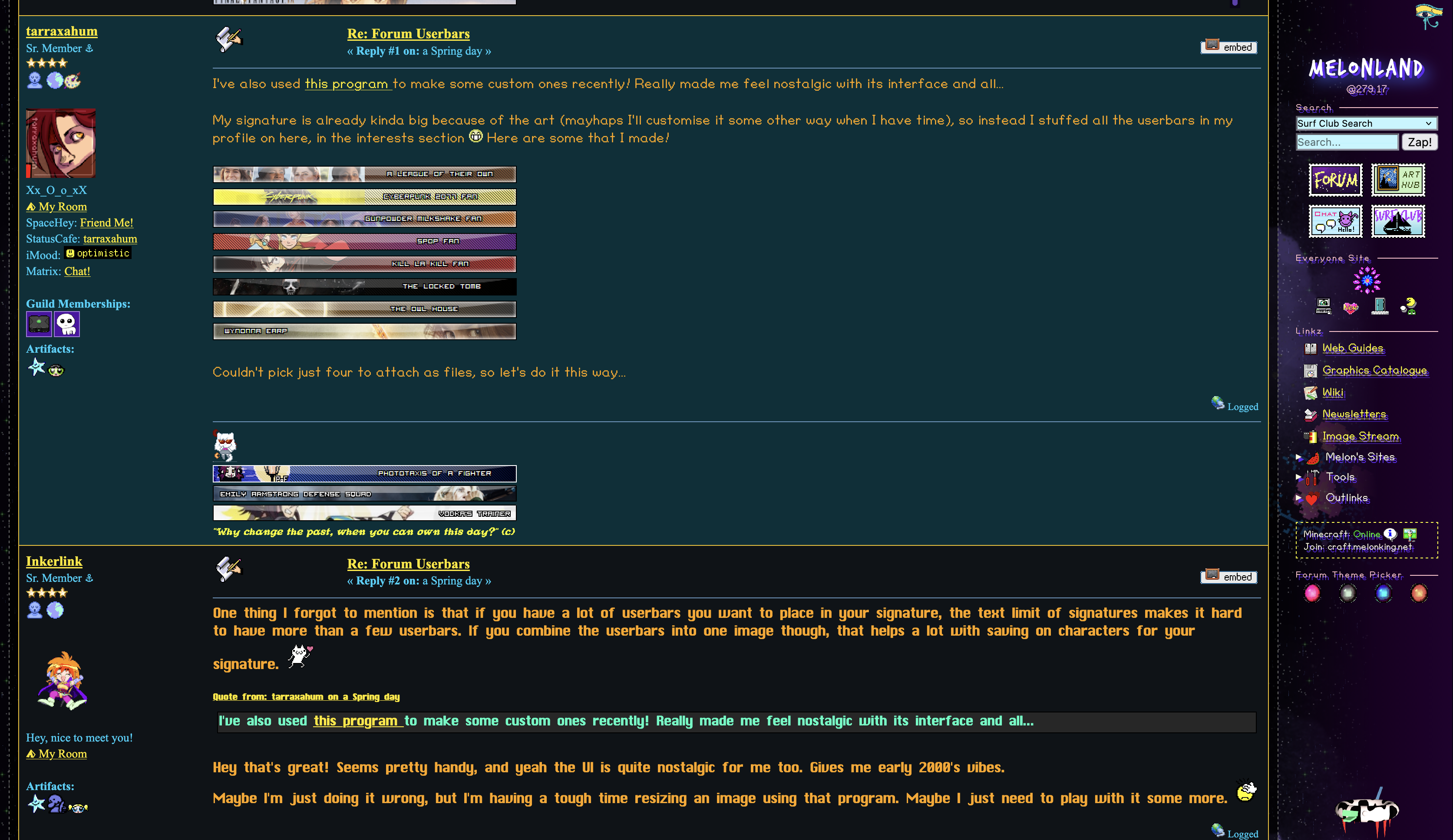 A screenshot of Melonland Forums, a modern revival of old BBCode forums with active Userbars